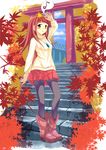  autumn_leaves boots ebisugawa_kaisei highres long_hair pantyhose pleated_skirt red_eyes red_hair skirt solo sweater torii turtleneck uchouten_kazoku yan_(nicknikg) 