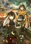  aircraft airplane bike_shorts blush bow_(weapon) breasts brown_eyes brown_hair crossbow fairy_(kantai_collection) hachimaki hakama_skirt headband headgear helmet_musume_(kantai_collection) highres hiryuu_(kantai_collection) japanese_clothes kantai_collection kazabana_fuuka large_breasts looking_at_viewer multiple_girls pleated_skirt remodel_(kantai_collection) reppuu_(kantai_collection) ryuusei_(kantai_collection) salute short_hair side_ponytail skirt taihou_(kantai_collection) thighhighs tomonaga_squadron_pilot_(kantai_collection) weapon 
