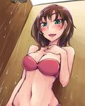  aqua_eyes bare_shoulders bikini blush breasts brown_hair cleavage collarbone earrings eyebrows eyelashes freckles groin hand_on_own_chest heart heart_earrings idolmaster idolmaster_cinderella_girls jewelry kate_(idolmaster) large_breasts lips looking_down midriff navel necklace open_mouth pink_bikini short_hair showering smile solo stomach swimsuit thick_eyebrows todome water wet 