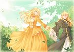  1girl ada_vessalius blonde_hair bow bush capelet dress earrings formal gloves green_eyes hair_ribbon heterochromia holding_hands jewelry leaf long_hair open_mouth pandora_hearts red_eyes ribbon smile tree vincent_nightray yellow_eyes 
