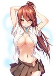  adjusting_hair arms_up bison_cangshu blush breasts brown_eyes cleavage free! large_breasts long_hair matsuoka_gou mouth_hold navel no_bra no_panties open_clothes open_shirt ponytail red_hair school_uniform shirt skirt smile solo 