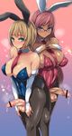  animal_ears bad_id bad_pixiv_id blue_eyes breast_suppress breasts bridal_gauntlets bunny_ears bunnysuit covered_nipples dark_skin erection futanari glasses highres huge_breasts long_hair multiple_girls pantyhose penis precum short_hair testicles ubanis veins veiny_penis wrist_cuffs 