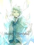  bad_id bad_pixiv_id birthday blue_eyes blush elliot_nightray flying_paper formal grey_hair highres male_focus necktie open_mouth pandora_hearts paper smile solo suit vest 