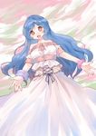  :d anne_(mitsumete_knight) bare_shoulders blue_hair long_hair looking_at_viewer mitsumete_knight oge_(ogeogeoge) open_mouth reaching red_eyes smile solo 