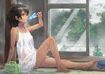  against_wall areolae arm_support bad_id bad_pixiv_id bangs bare_legs bare_shoulders barefoot black_hair blue_eyes body_blush butterfly_net cloud cloudy_sky dark_skin dirty_feet dress eating feet flat_chest food from_side hair_between_eyes hand_net holding hot indoors insect_cage knee_up legs looking_away messy_hair no_bra no_panties on_floor open_mouth original popsicle power_lines profile railing see-through short_dress short_hair sitting sky sliding_doors solo sundress sweat tan telephone_pole tree washi_no_tosaka wet wet_clothes wet_dress wet_hair white_dress window 