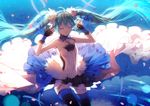  7th_dragon_(series) 7th_dragon_2020 ahoge aqua_hair closed_eyes floating_hair hakusai_(tiahszld) hatsune_miku highres long_hair skirt solo thighhighs twintails very_long_hair vocaloid 