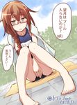  alternate_costume barefoot braid brown_eyes brown_hair dated e20 glasses kantai_collection long_hair looking_at_viewer mochizuki_(kantai_collection) name_tag one-piece_swimsuit open_mouth school_swimsuit sitting solo swimsuit towel translated twitter_username 