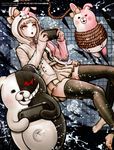  animal_ears backpack bag barefoot blush bow cosplay danganronpa flipped_hair hair_ornament hairclip handheld_game_console highres hood hoodie komatsuzaki_rui monokuma monomi_(danganronpa) monomi_(danganronpa)_(cosplay) nanami_chiaki official_art open_mouth owari_akane pekoyama_peko pink_eyes pink_hair pleated_skirt saionji_hiyoko scan short_hair skirt sonia_nevermind super_danganronpa_2 thighhighs zettai_ryouiki 