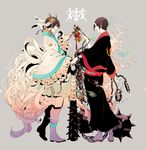  black_hair branch chain club hair_ornament hakutaku_(hoozuki_no_reitetsu) highres hoozuki_(hoozuki_no_reitetsu) hoozuki_no_reitetsu horn horns ivxxx japanese_clothes multiple_boys oni pointy_ears short_hair weapon 