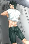  ahoge ass black_hair fate/zero fate_(series) highres lancer_(fate/zero) locker locker_room male_focus panpanmaru shirt_lift solo sweat undressing 