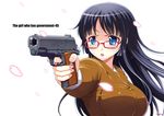 :o aiming bangs blue_eyes blue_hair blunt_bangs breasts cherry_blossoms cocked_hammer crying crying_with_eyes_open engrish glasses gun handgun highres large_breasts long_hair m1911 number10_(hagakure) original ranguage red-framed_eyewear shirt solo taut_clothes taut_shirt tears weapon white_background 