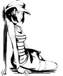  against_wall bob_cut breasts choker dh_(brink_of_memories) elbow_gloves fingerless_gloves gloves greyscale hat marie_(persona_4) monochrome parted_lips persona persona_4 persona_4_the_golden short_hair sitting small_breasts solo striped tank_top thighhighs yokozuwari zettai_ryouiki 