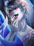  black_sclera brown_hair evil_smile glasses highres kagune_(tokyo_ghoul) looking_at_viewer male_focus nishio_nishiki open_mouth red_eyes smile sneer solo sweater tokyo_ghoul tongue tongue_out 