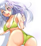  ass bad_anatomy bad_id bad_pixiv_id bikini breasts drinking_straw green_bikini highres large_breasts long_hair looking_at_viewer original pink_eyes silver_hair solo swimsuit twisted_torso underboob velia 