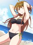  ahoge armpits arms_up bikini blue_eyes brown_hair dated e20 eyewear_on_head groin halterneck kantai_collection kongou_(kantai_collection) long_hair looking_at_viewer midriff navel one_eye_closed open_mouth side-tie_bikini solo sunglasses swimsuit twitter_username 