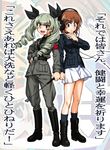  anchovy anzio_military_uniform armband back-to-back belt black_footwear black_legwear black_shirt blush boots brown_eyes brown_hair dress_shirt drill_hair girls_und_panzer green_hair grey_jacket grey_pants hand_on_hip headphones holding jacket knee_boots long_hair long_sleeves looking_at_viewer military military_uniform miniskirt multiple_girls necktie nishizumi_miho ooarai_military_uniform oosaka_kanagawa open_mouth pants pleated_skirt red_eyes riding_crop shirt short_hair shoulder_belt skirt smile socks standing throat_microphone twin_drills twintails uniform white_skirt 