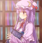  bad_id bad_twitter_id book bow capelet crescent dress hair_bow hair_ornament hat hat_bow long_hair long_sleeves mob_cap patchouli_knowledge purple_dress purple_eyes purple_hair shinoba solo touhou wide_sleeves 