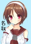  blush brown_hair character_name flying_sweatdrops hair_ornament hairband kantai_collection natori_(kantai_collection) piyodera_mucha red_eyes school_uniform serafuku short_hair sketch solo translated white_hairband 