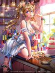  blonde_hair blue_eyes bowl box breasts bunny cake chocolate chocolate_on_breasts cleavage dospi dress dripping food furyou_michi_~gang_road~ gift gift_box hair_ornament heart heart_hair_ornament heart_print highres large_breasts licking long_hair mixing_bowl on_table shell_casing solo spatula table twintails window 