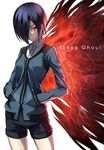  black_hair copyright_name famepeera hair_over_one_eye hands_in_pockets kagune_(tokyo_ghoul) kirishima_touka looking_at_viewer red_eyes short_hair shorts solo tokyo_ghoul 