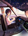  787_(airplane) aircraft airplane black_hair black_pants blue_eyes cockpit cravat eijima_moko headset highres long_hair low_ponytail original pants pilot ponytail runway scrunchie shirt short_sleeves sidelocks sitting smile solo thumbs_up uniform white_shirt wing_collar 