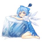  annoyed bad_id bad_twitter_id barefoot blue_dress blue_eyes blue_hair blush bow cirno dress drooling feet full_body hair_bow hair_ornament ice ice_cube ice_wings legs looking_at_viewer open_mouth puffy_sleeves shinoba short_hair short_sleeves simple_background sitting solo squiggle sweat touhou white_background wings 