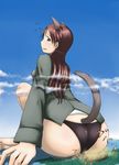  animal_ears animal_tail ass black_panties blush brown_hair dog_ears dog_tail fart giantess huge_ass long_hair minna-dietlinde_wilcke panties sitting strike_witches tail underwear 