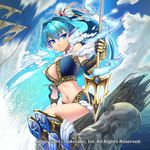  bent_knees blue_eyes blue_hair closed_mouth female hair_ornament holding holding_weapon maru_(sara_duke) midriff navel ocean original polearm ponytial sitting solo spear trident water weapon 