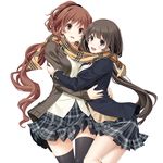  :d arched_back black_legwear blush brown_hair hug kajiya_ayano kissbell long_hair looking_at_viewer mikoto_akemi multiple_girls open_mouth scarf school_uniform shared_scarf skirt smile takahata_chiharu thighhighs very_long_hair white_background 