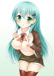  bad_id bad_pixiv_id breasts brown_legwear green_eyes green_hair hair_ornament hairclip kantai_collection large_breasts long_hair nikoo nipples no_bra open_clothes open_shirt perky_breasts shirt skirt solo suzuya_(kantai_collection) thighhighs zettai_ryouiki 