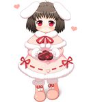  alternate_costume animal_ears bebeneko black_hair blush boots box bunny_ears carrot_necklace coat gift gift_box giving heart inaba_tewi jewelry mittens pendant pink_footwear red_eyes short_hair solo touhou winter_clothes 