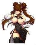  bad_id bad_pixiv_id blush breastless_clothes breasts brown_hair china_dress chinese_clothes double_bun dress dungeon_and_fighter fighter_(dungeon_and_fighter) framed_breasts gloves happening18 large_breasts long_hair nen_master_(dungeon_and_fighter) nipples red_eyes solo thighhighs twintails 