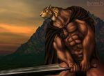  3d abs beefcake belt biceps big_muscles bodybuilder bomb_(artist) cape clothed clothing faceless_male feline grasp guin guin_saga half-dressed human hybrid leopard looking_away male mammal manly mask mountain muscles navel nipples pecs pose ripped shadow shiny solo spots standing sword toned topless vein weapon 