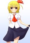  arm_behind_back ascot blonde_hair hair_ribbon puffy_short_sleeves puffy_sleeves red_eyes ribbon rumia shirt short_hair short_sleeves skirt skirt_lift smile teoi_(good_chaos) touhou 