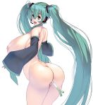  anal anal_object_insertion aqua_hair arched_back ass bangs blue_eyes breasts censored cowboy_shot decensor_request detached_sleeves eyebrows_visible_through_hair green_hair hair_between_eyes hatsune_miku headset highres huge_breasts long_hair looking_at_viewer looking_back masao mosaic_censoring necktie nipples nude object_insertion open_mouth simple_background solo spring_onion standing twintails very_long_hair vocaloid white_background 