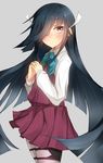  absurdres black_hair bow bowtie brown_eyes hair_over_one_eye hayashimo_(kantai_collection) highres interlocked_fingers kantai_collection long_hair long_sleeves looking_at_viewer md5_mismatch metindone pantyhose pleated_skirt skirt solo 