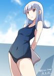  alternate_costume arms_behind_back blue_eyes blue_hair covered_navel e20 hatsukaze_(kantai_collection) kantai_collection kickboard long_hair one-piece_swimsuit open_mouth school_swimsuit solo swimsuit 