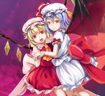  :d blonde_hair blue_eyes bow flandre_scarlet hat highres light_smile looking_at_viewer multiple_girls open_mouth red_eyes remilia_scarlet short_hair skirt smile sody standing touhou wings 
