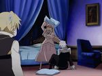  1girl 2boys angry animated animated_gif bed blonde_hair multiple_boys oz_vessalius pandora_hearts pillow sharon_rainsworth short_hair xerxes_break 