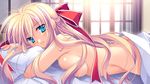  1girl bed bed_sheet blonde_hair blue_eyes breast_press breasts game_cg gigai_no_alruna hair_ribbon large_breasts long_hair looking_at_viewer lying nude on_stomach pillow ribbon smile solo sunlight window yamamoto_kazue 