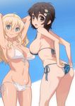  adjusting_clothes adjusting_swimsuit ahoge armpits arms_up ass bare_shoulders bikini black_hair blonde_hair blue_background blue_bikini blue_eyes breasts brown_eyes flower front-tie_top groin hair_between_eyes hair_flower hair_ornament hairclip hirose_(mokiki) large_breasts leaning_forward long_hair looking_at_viewer looking_back multiple_girls open_mouth original shiny shiny_skin side-tie_bikini sideboob sidelocks smile strap_gap string_bikini swimsuit tan tanline white_bikini 
