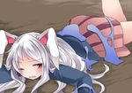  animal_ears bad_id bad_pixiv_id blazer blush bunny_ears commentary_request hammer_(sunset_beach) jacket long_hair lying on_stomach one_eye_closed open_mouth red_eyes reisen_udongein_inaba silver_hair skirt slime solo touhou 