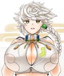  blush braid breast_suppress breasts cleavage cloud cloud_print colored_eyelashes huge_breasts jitome kantai_collection lips long_hair masami_t onmyouji open_mouth ribbon short_sleeves side_braid single_braid solo unryuu_(kantai_collection) upper_body white_hair yellow_eyes yellow_ribbon 