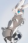  bikini blue_eyes clothed clothing female hair lagomorph legwear liki looking_at_viewer mammal mammmal plain_background rabbit skimpy solo stockings swimsuit white_hair 