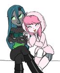  2014 annoyed blush cleavage clothed clothing coat crossed_arms crossed_legs cuddling duo equestria_girls female fishnet fluffle_puff fur_coat green_eyes green_hair hair hug lipstick my_little_pony piercing pink_hair plain_background queen_chrysalis_(eg) siansaar sitting tongue tongue_out torn_clothing white_background 