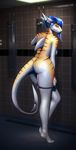  blue_hair breasts butt female fin finir fish hair looking_at_viewer looking_back marine markings nude pose shark short_hair shower side_boob solo tabitha tiger_shark undressing yellow_eyes 