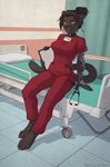  2014 amber_eyes anthro barefoot bed clothing collar curtains feline female hospital id looking_at_viewer mammal panther seductive smile solo wolfy-nail 