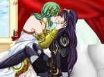  2girls armlet armor artist_request bare_shoulders bed belt blue_hair blush boots bracer breasts circlet crossover crown eyes_closed fire_emblem fire_emblem:_kakusei gold green_hair hair_over_eyes jewelry kid_icarus kiss long_hair lots_of_jewelry lucina multiple_girls necklace nintendo palutena super_smash_bros. tiara very_long_hair yuri 