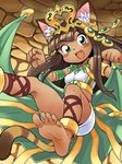  :3 :d animal_ears ankle_lace-up anklet armlet bare_shoulders barefoot bastet_(p&amp;d) blush bracer brown_hair cat_ears cat_tail cross-laced_footwear dark_skin earrings egyptian egyptian_clothes fang feet green_eyes headpiece hoop_earrings jewelry necklace open_mouth oyatsu_(mk2) puzzle_&amp;_dragons single_earring skirt smile soles solo stone_wall strapless tail toes tubetop wall white_skirt 