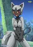  anthro anthrofied blush breasts clitoris covering female fluffy_tail forest looking_at_viewer nintendo nipples nude outside palcomix pok&eacute;mon pokepornlive poochyena pussy solo standing tree video_games 
